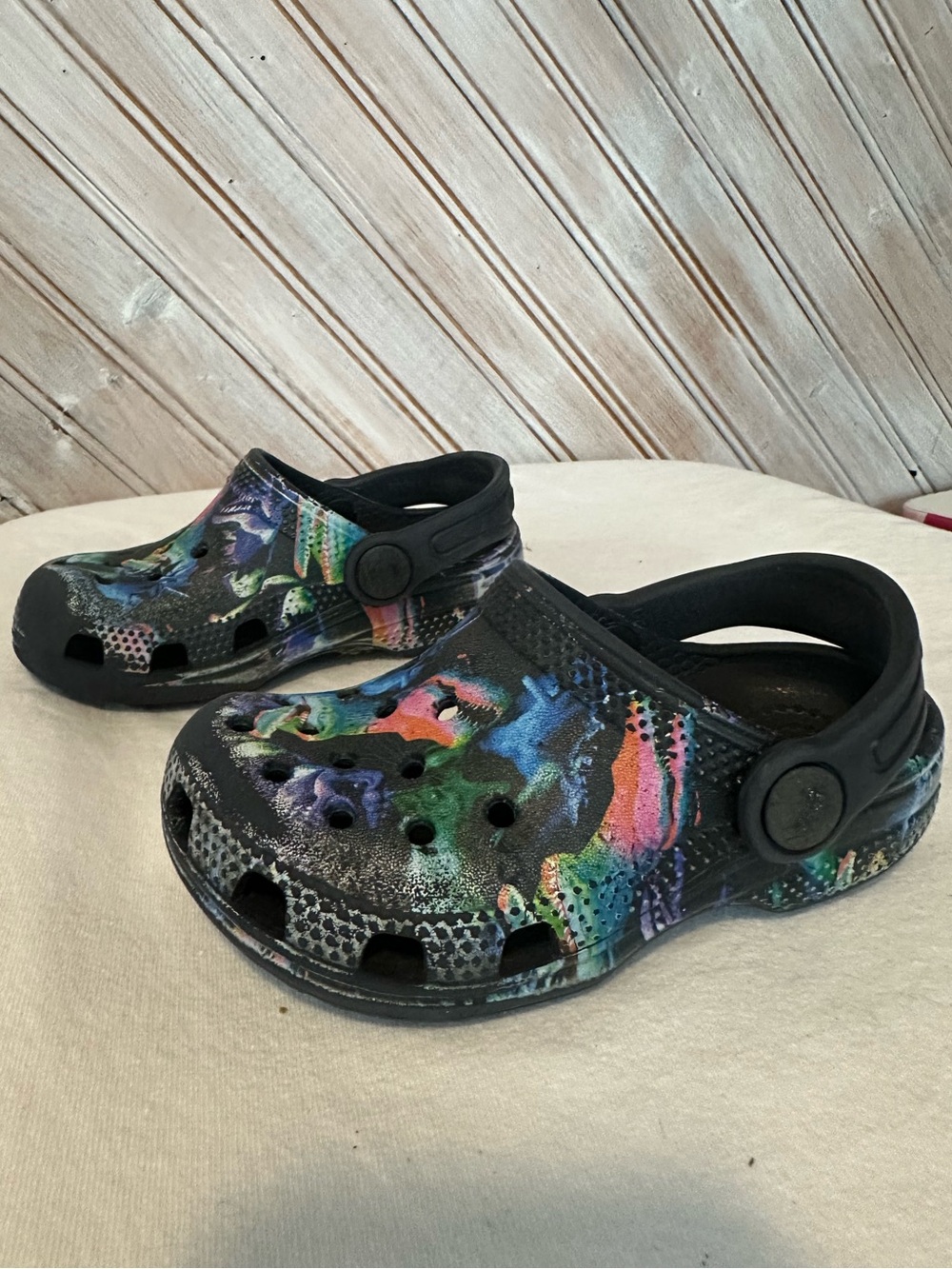 Kids' Black Multi-Color CROC Slip-On Clog Vented With Strap Faded